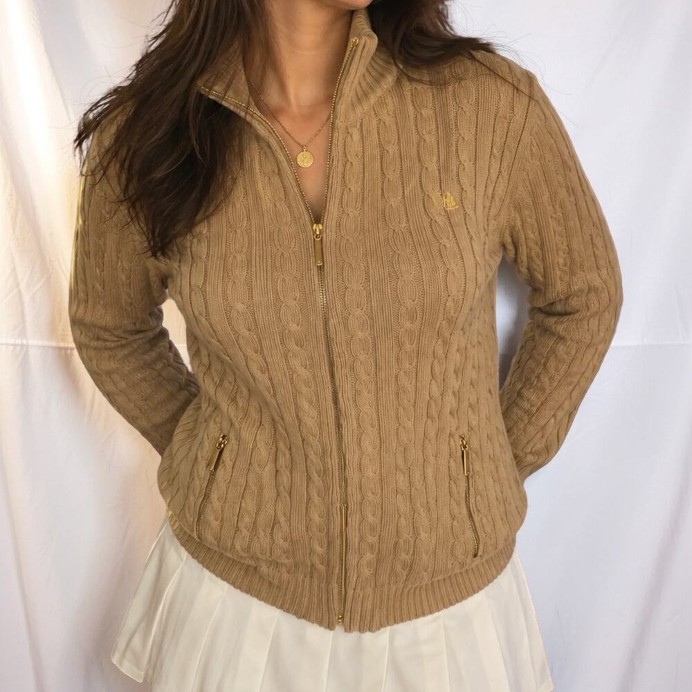 Vintage Y2K Lauren Ralph Lauren Camel Cable Knit Full Zip Sweater Size Large